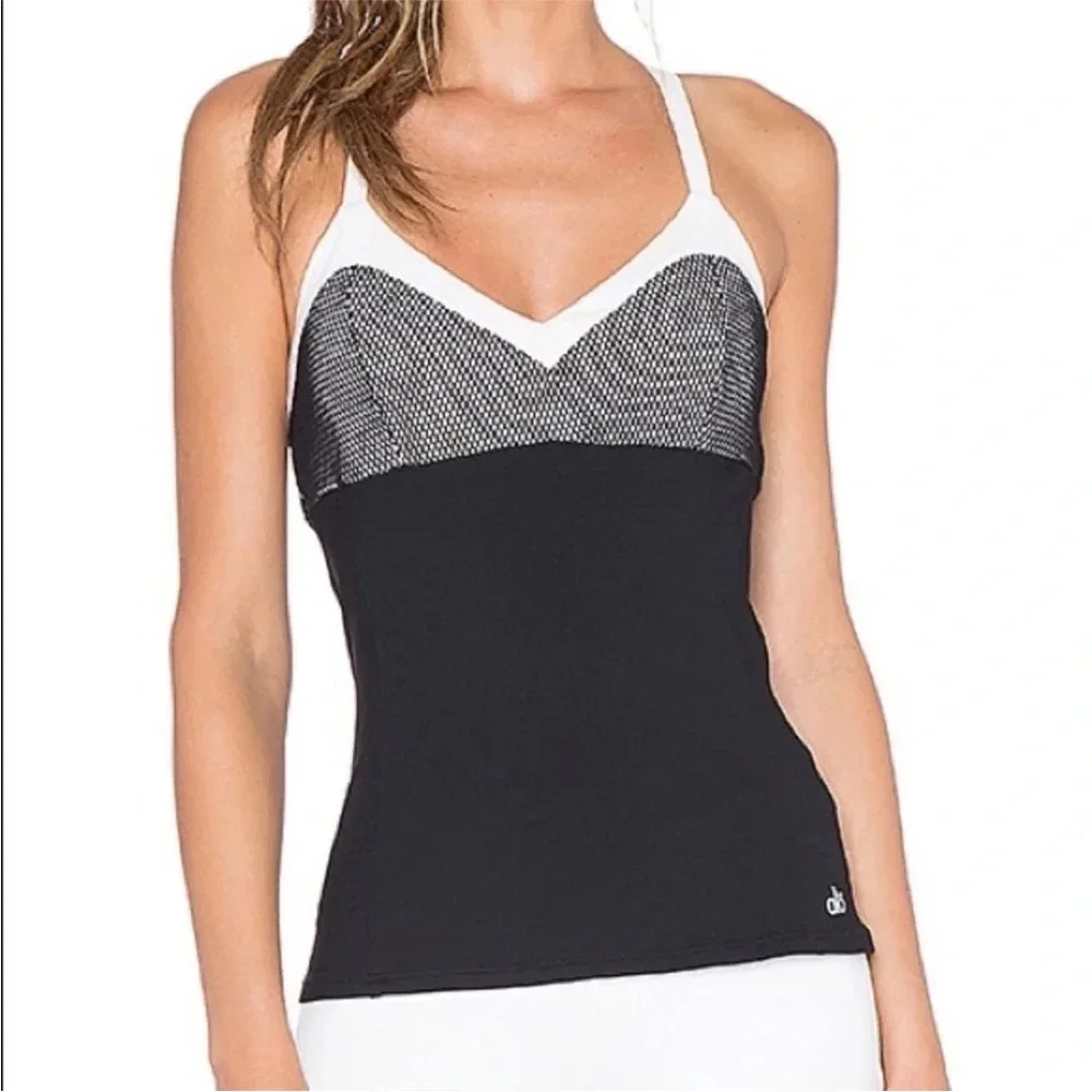 ALO Yoga Blossom Long Bra Tank Top in Pink Cloud & Black